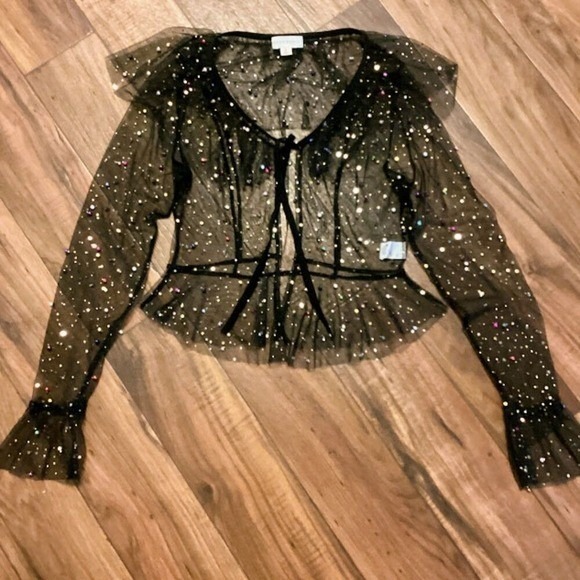 Honey Punch Tops - Honey Punch Black Sheer Mesh Pearl Embellished Peplum Tie Front Top Small